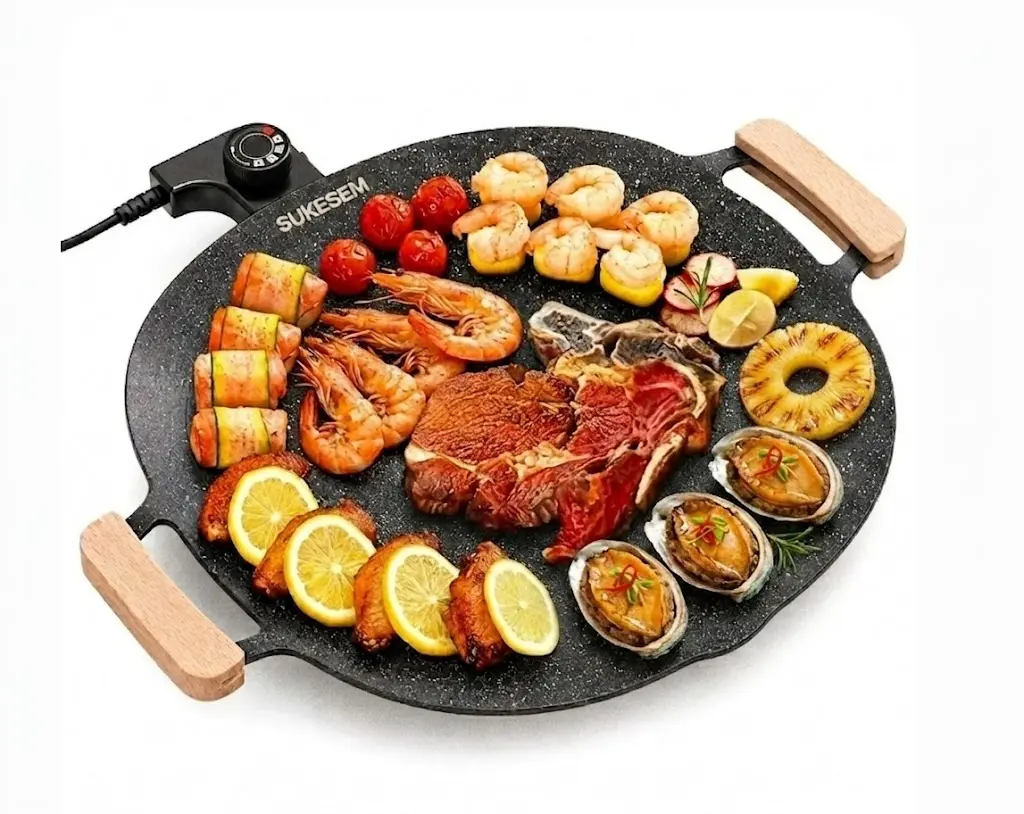 15inch Smokeless Electric Grill Pan - Nonstick Round Flat Top Grill Fry Griddle, Adjustable Temperature Control, Corded All-Purpose Grilling Appliance, Compact Portable Kitchen Tool for Indoor BBQ, Steak for BBQ Enthusiasts