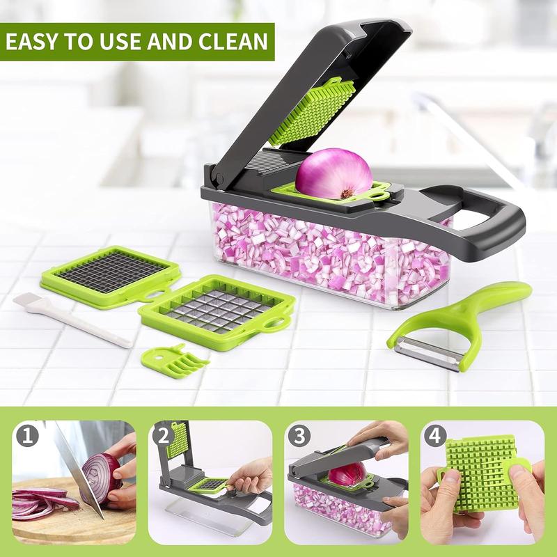 Vegetable Chopper Multifunctional 14-in-1 ABS & Stainless Steel Blades Onion Chopper Slicer Cutter Dicer with 8 Interchangeable Blades Colander Basket Container for Salad Potato Carrot Garlic Easy Clean