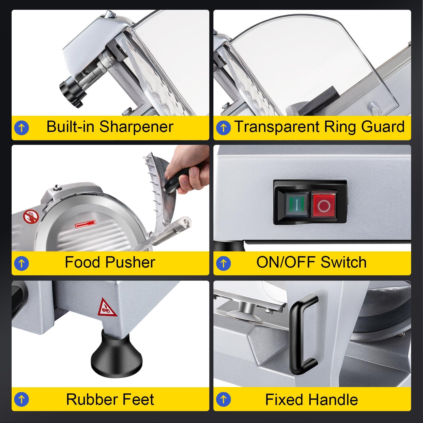 VEVOR 240W Commercial Meat Slicer,  Electric Deli Food Slicer, 10" Carbon Steel Blade Electric Food Slicer, 350-400RPM Meat Slicer, 0 - 0.47 inch Thickness Adjustable for Commercial and Home Use