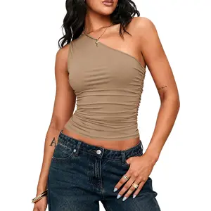 PrettyGarden Women's Sleeveless One Shoulder Tank Top Ruched Slim Fit Shirts Basic Crop Y2k Tops Spring Fashion Clothing