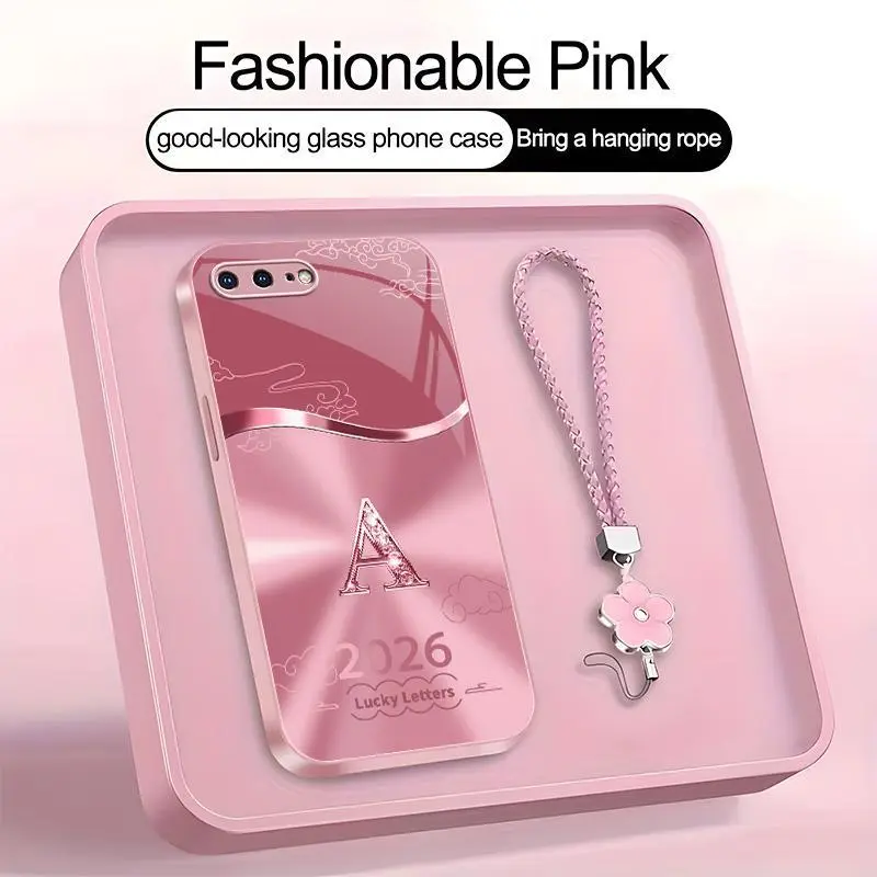 Suitable for [iPhone 8 Plus] high-end women's phone case🤩，a free four-leaf clover lanyard is included, with 26 letters of the alphabet to choose from，auspicious cloud patterns bring you good luck YM99