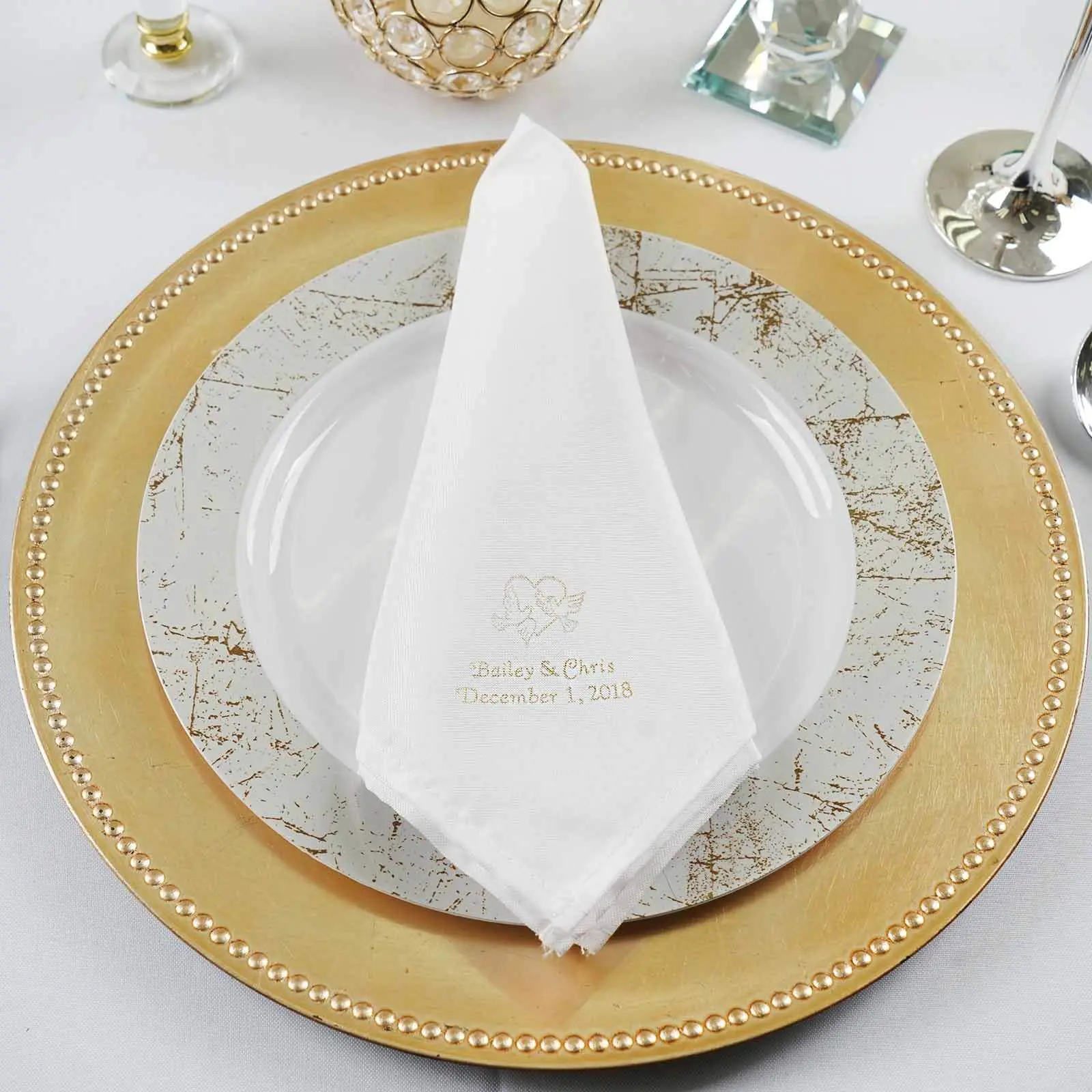 Polyester Cloth Dinner Napkins (50-Pack) - Monogrammed Multipack Packaged Napkins with Personalized Hot Foil Printing, Large Emblem Design for Wedding Favors, Monogrammed Napkins