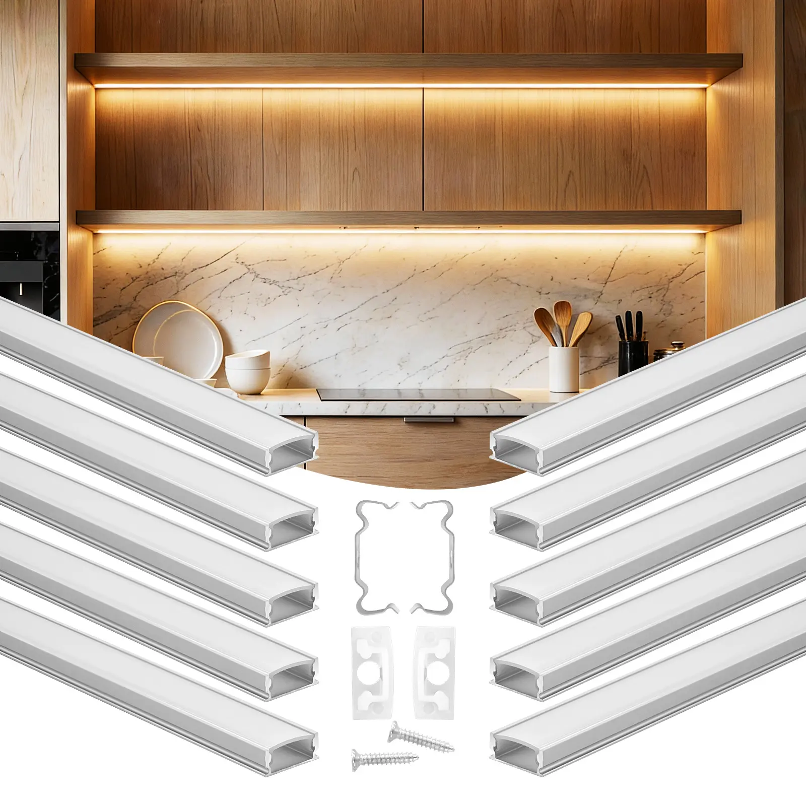 【summerfinds】VEVOR 10-Pack U-Shape LED Aluminum Channel (3.3 ft/1M) with Milky Cover, End Caps, Mounting Clips, Easy Installation for LED Strip Lights, Under Cabinet Counter Use, Father's Day Gift, Led Lights