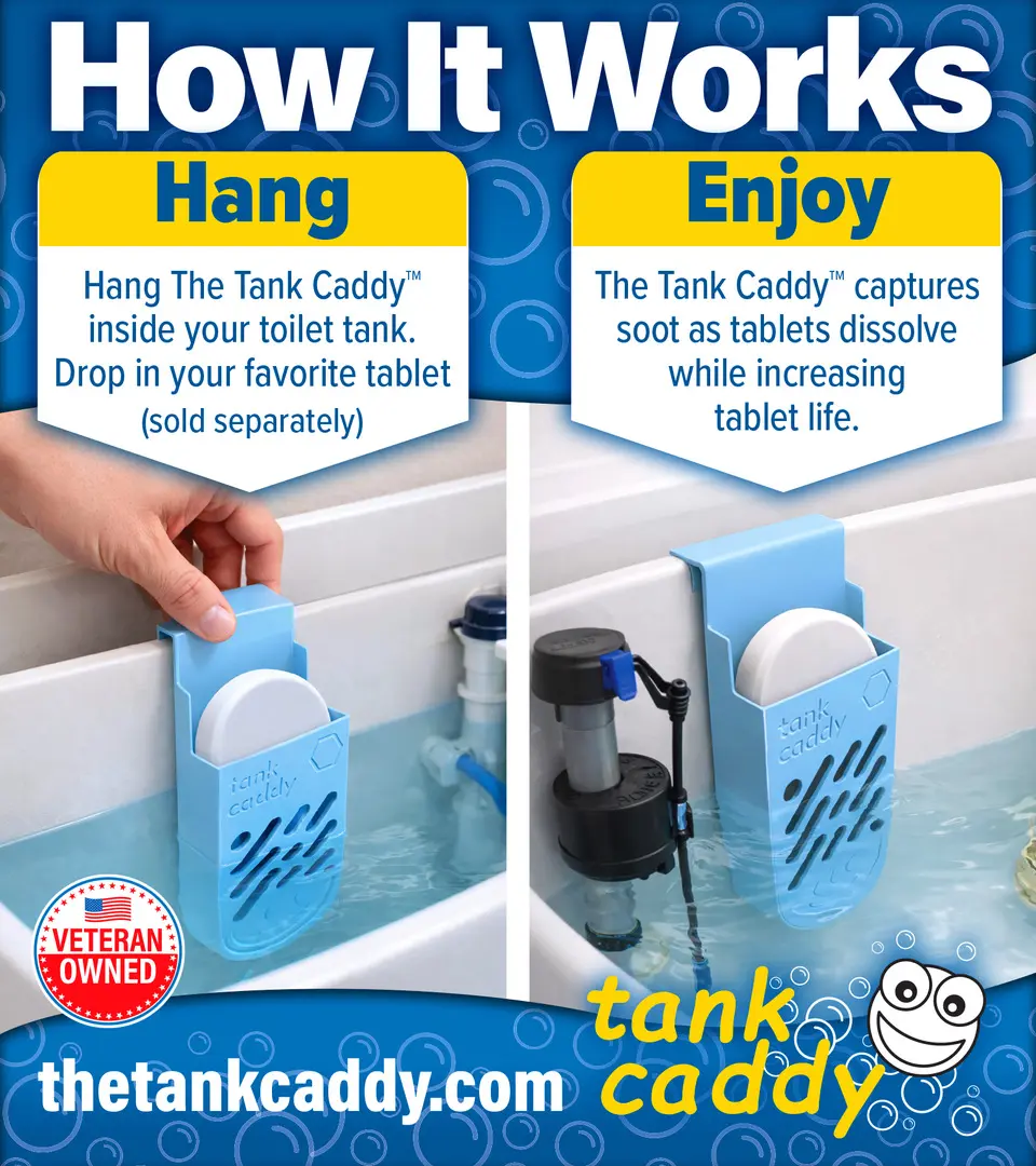 Toilet Tank Tablet Holder with Patented Soot-Trapping Reservoir