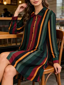 Plus Size Loose Fit Vertical Striped Long Sleeve Shirt Figure Flattering Midi Length Blouse