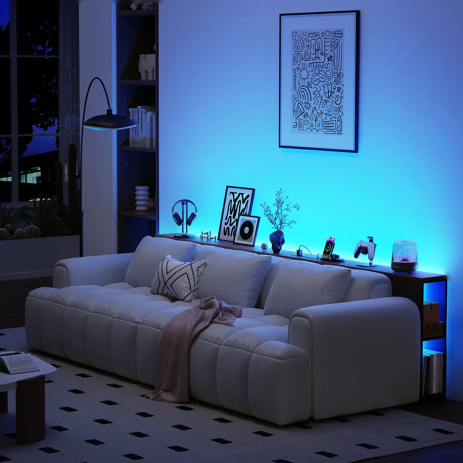 MIIFUNY 79" Behind Couch Table, Industrial Long Sofa Table with LED Lights & Outlet, Human Body Sensor, Narrow Console Table with Storage for Entryway, Living Room, Hallway (Rustic Brown)