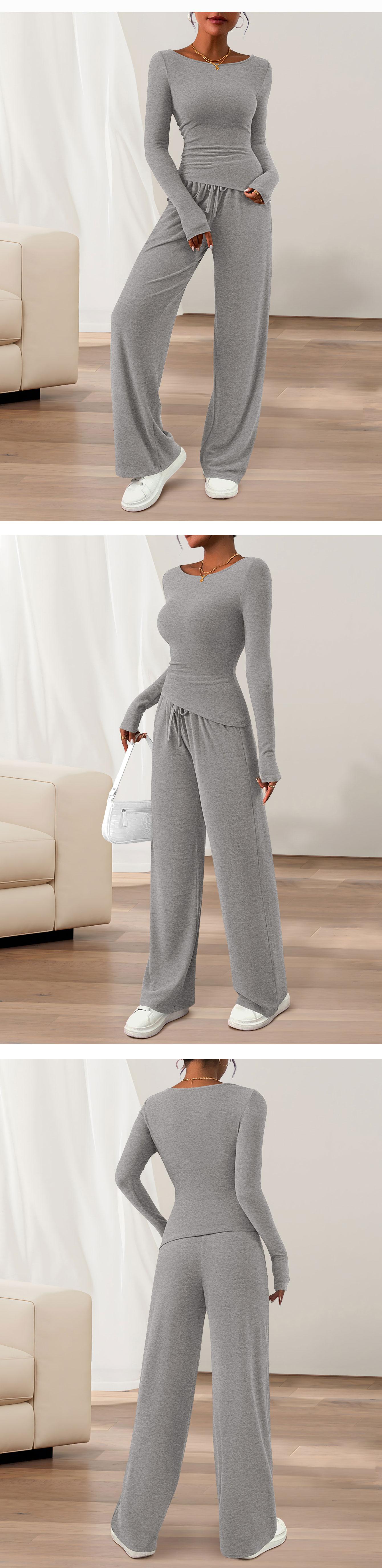 PRETTYGARDEN Women's 2-Piece Lounge Set Asymmetrical Long Sleeve T-Shirt & Wide Leg Pants Casual Fitted Tracksuit Loungewear Basic Minimalist Clothing with Drawstring & Pockets
