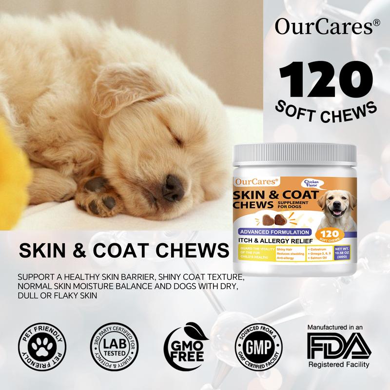 OurCares Salmon Oil for Dogs Skin and Coat Omega 3，6，9 Fish Oil Chews Dog Allergy Relief Chews Itch Relief Supplement Chicken Flavor - 120 Soft Chews Pet Daily Chewable