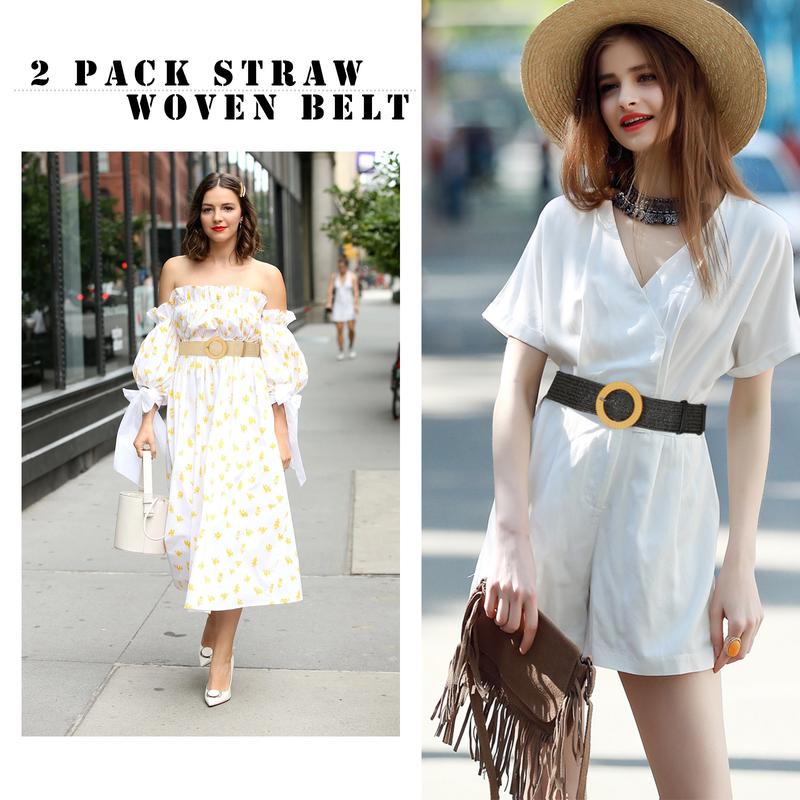 AWAYTR Fashion Elegant Women Elastic Belt Round Buckle Vintage Boho Straw Woven Belt Dress Belt TikTokShopBlackFriday
