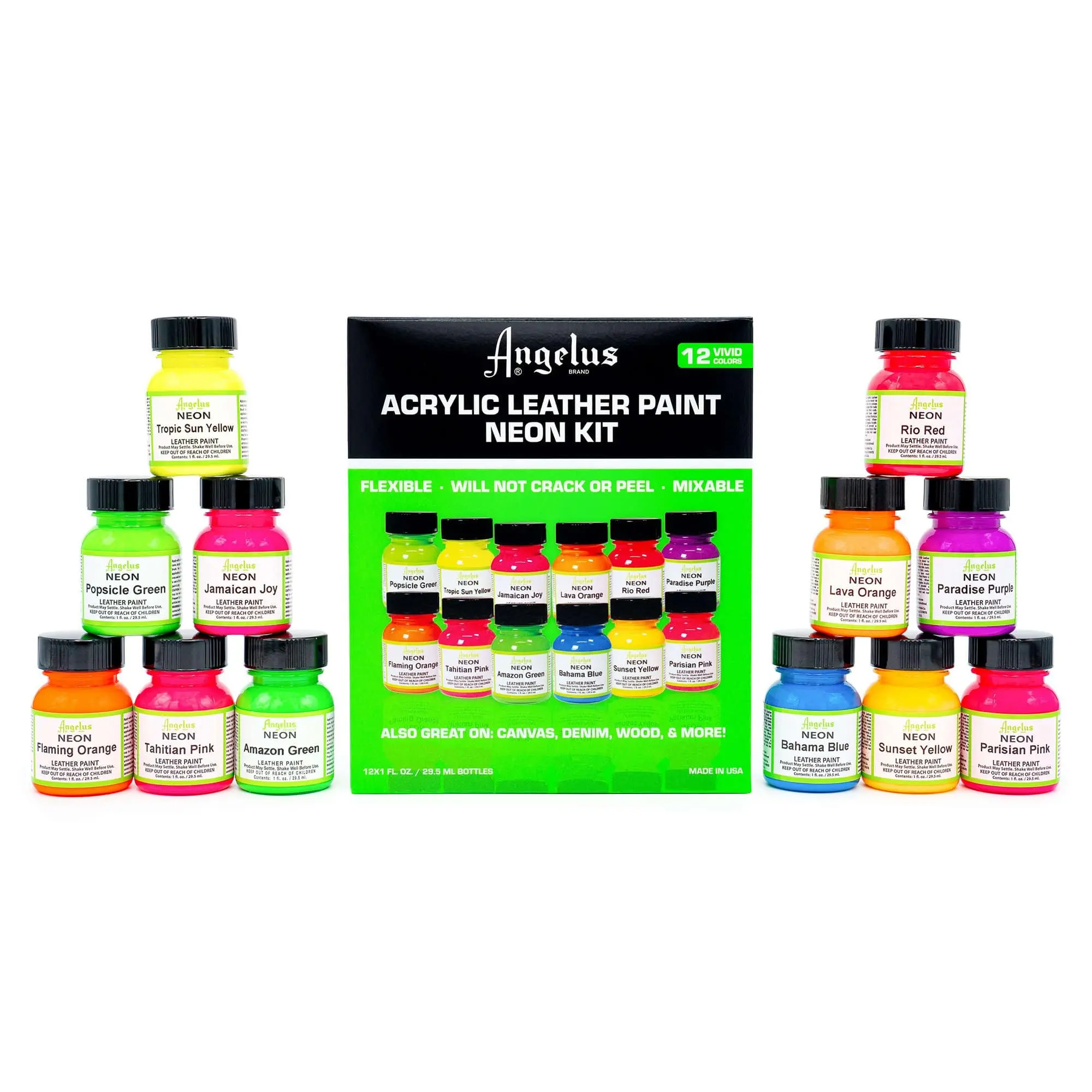 Angelus Neon Color Kit - 12 Colors, Acrylic Leather Paint For Shoes, Leather, Vinyl, Canvas, & More. Flexible, Will Not Crack Or Peel