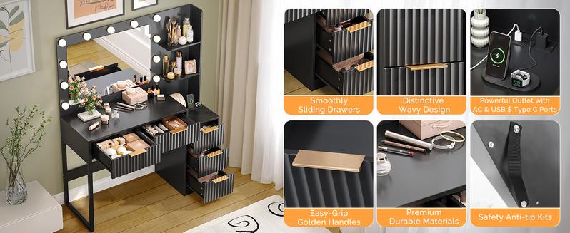 VINGLI Fluted Makeup Vanity Desk with Mirror & Lights & Power Outlet, Small Vanity Table w/ 5 Drawers & 2 Storage Shelves, Modern Dressing Table Set Charging Station for Bedroom