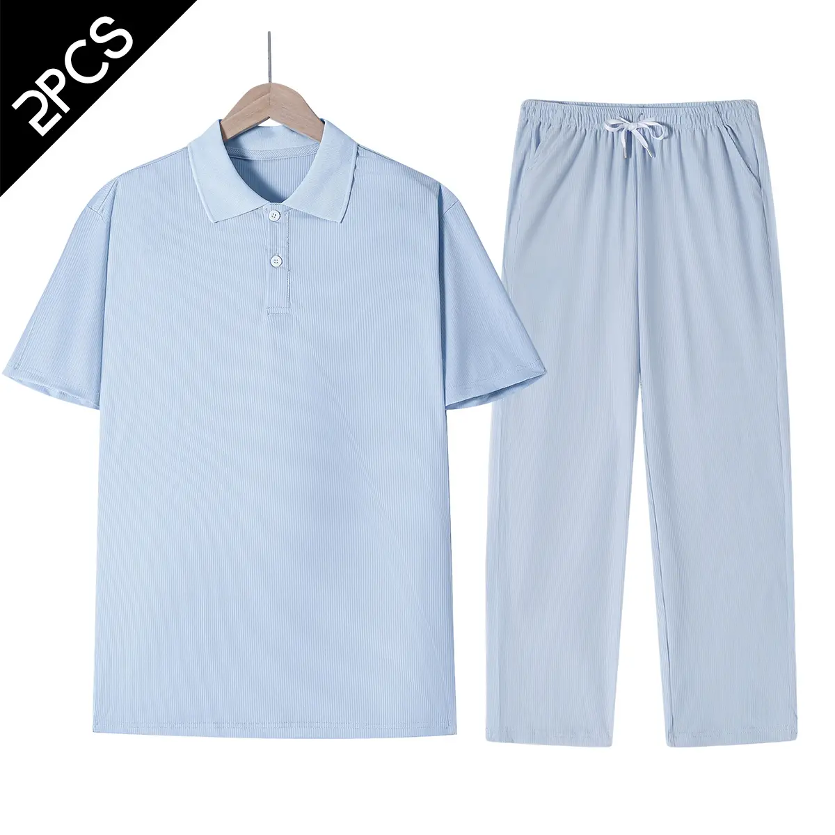 Men’s casual striped short-sleeve polo shirt and straight-leg long pants set, perfect for summer wear