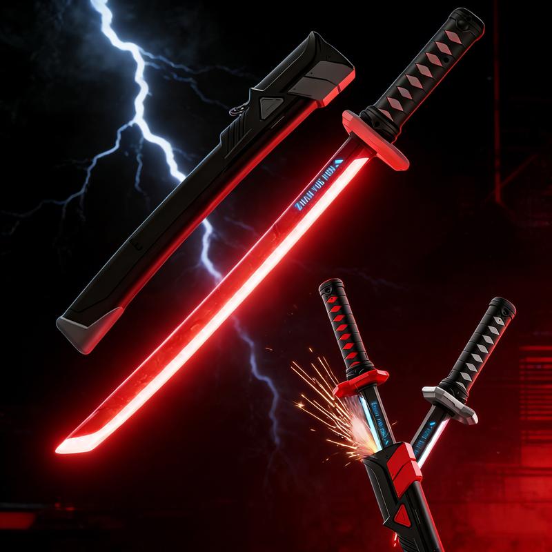 LED Lightsaber Spark Sword, 23" Cyberpunk Neon Blade with Mist, Auto-Eject Sheath, USB-C Rechargeable, Replaceable Flint Spark Feature, Glowing Cosplay Prop for Kids Festivals, Costume Party