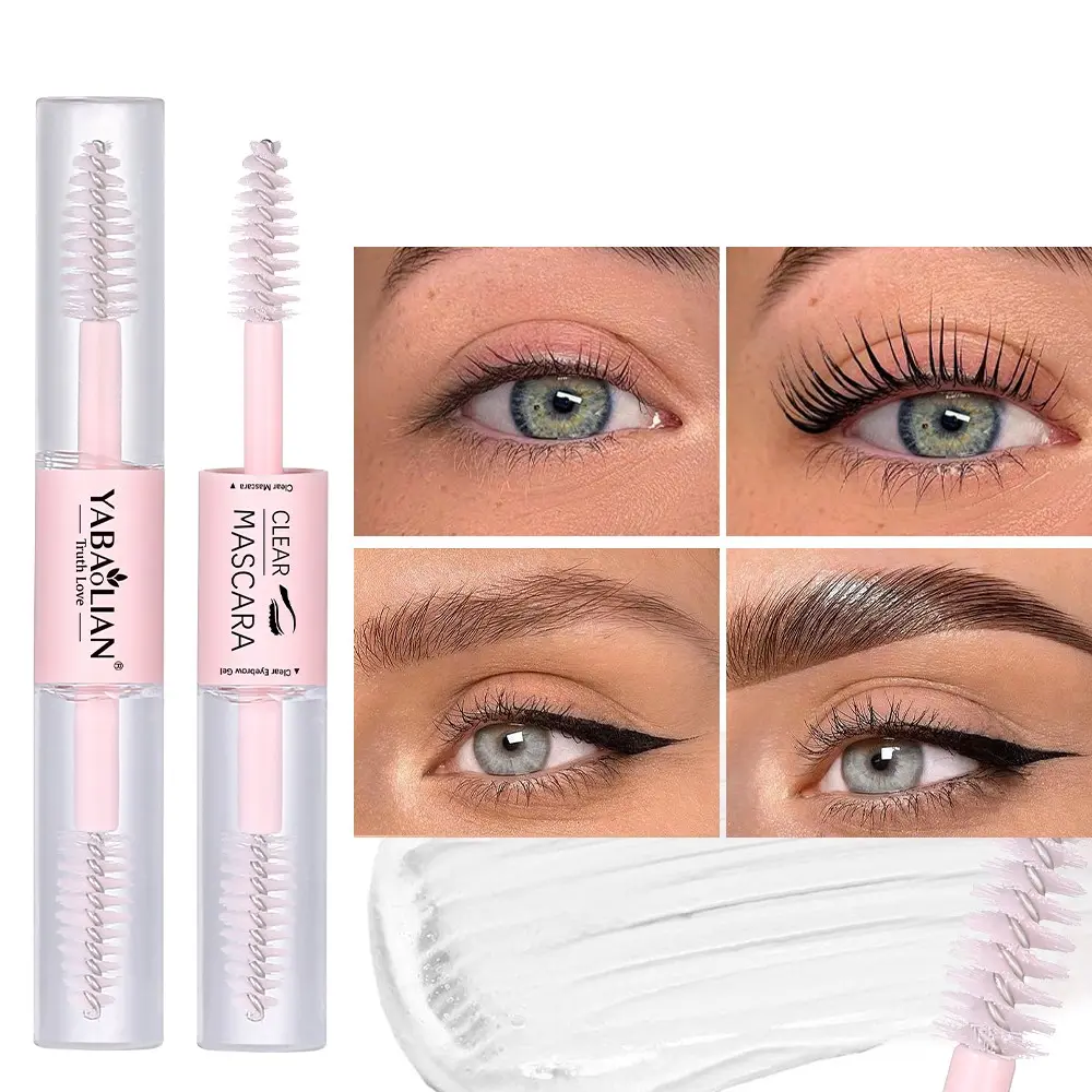Dual-end transparent Voluminous enhancing clear mascara and eyebrow styling gel fixative. It acts as a raincoat for eyelashes and eyebrows, preventing smudging and providing a three-dimensional effect