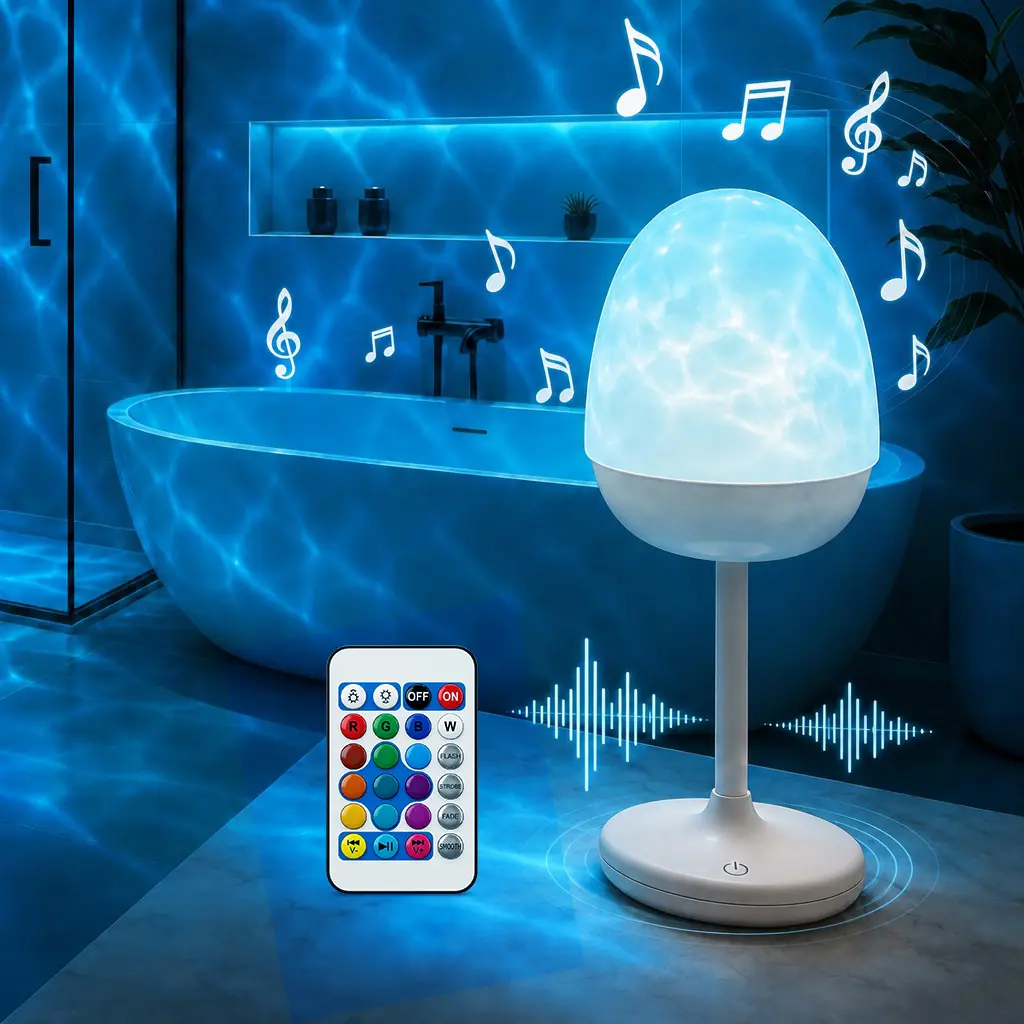 Rechargeable Waterproof Indoor Shower Light with Speaker - 8-Color RGB Mood Lighting, Water Ripple Ocean Wave Projector, Metal-Plastic Build, Romantic for Bathroom, Bedroom Relaxation