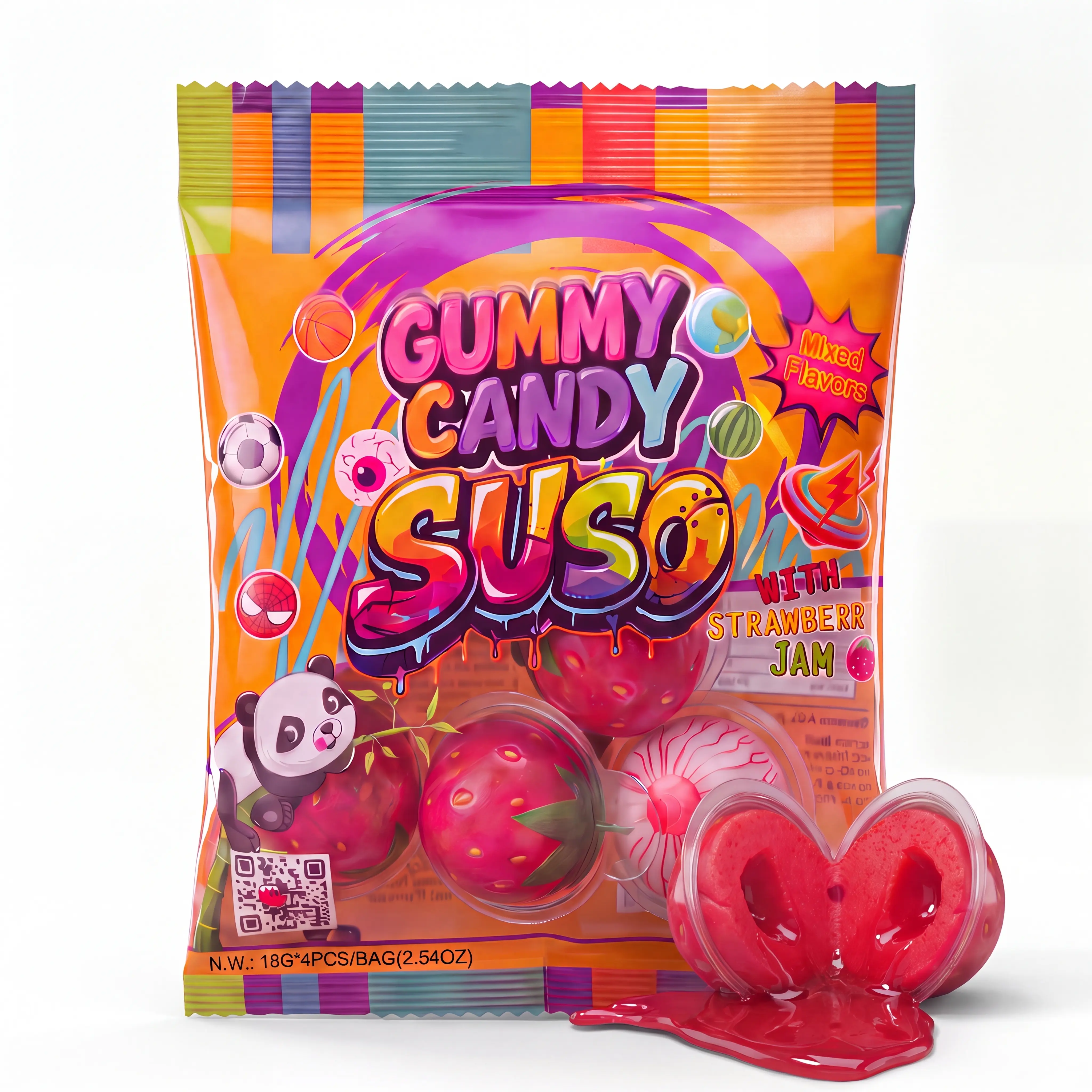 SUSO Gummy Candy with Strawberry Jam Center, Squeeze & Pop Shell, Mixed Fruit Flavors, Halal, 4 Individually Wrapped Pieces (72g) Snack Snack Snack sweet