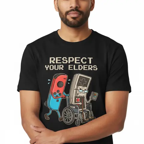 Women's Respect Your Elders Graphic T-Shirt - Funny Retro Gaming Cotton Top, Casual Garment, Relaxed Unisex Fit, Short-Sleeve Round Neck, Teddy Accent, Guatemala Pride, Cold Wash, Low-Setting Inside-Out Iron, Halloween Use, All Seasons, Foldable