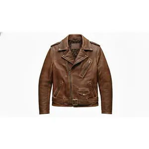 Men’s Vintage Brown Leather Biker Jacket with Multiple Zipper Pockets - Moto