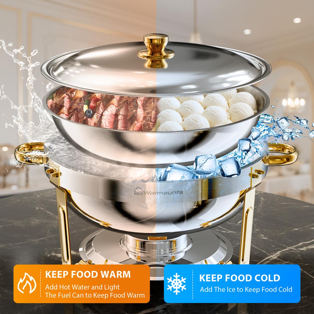 WARMOUNTS 5QT Elegant Gold Chafing Dish - Round Stainless Steel Buffet Warmers with Cut-Resistant Rims & Lid Holder for Wedding Catering & Party&Holiday Feasts Events WARMOUNTS 5QT Elegant Gold Chafing Dish - Round Stainless Steel Buffet Warmers with Cut-Resistant Rims & Lid Holder for Wedding Catering & Party&Holiday Feasts Events