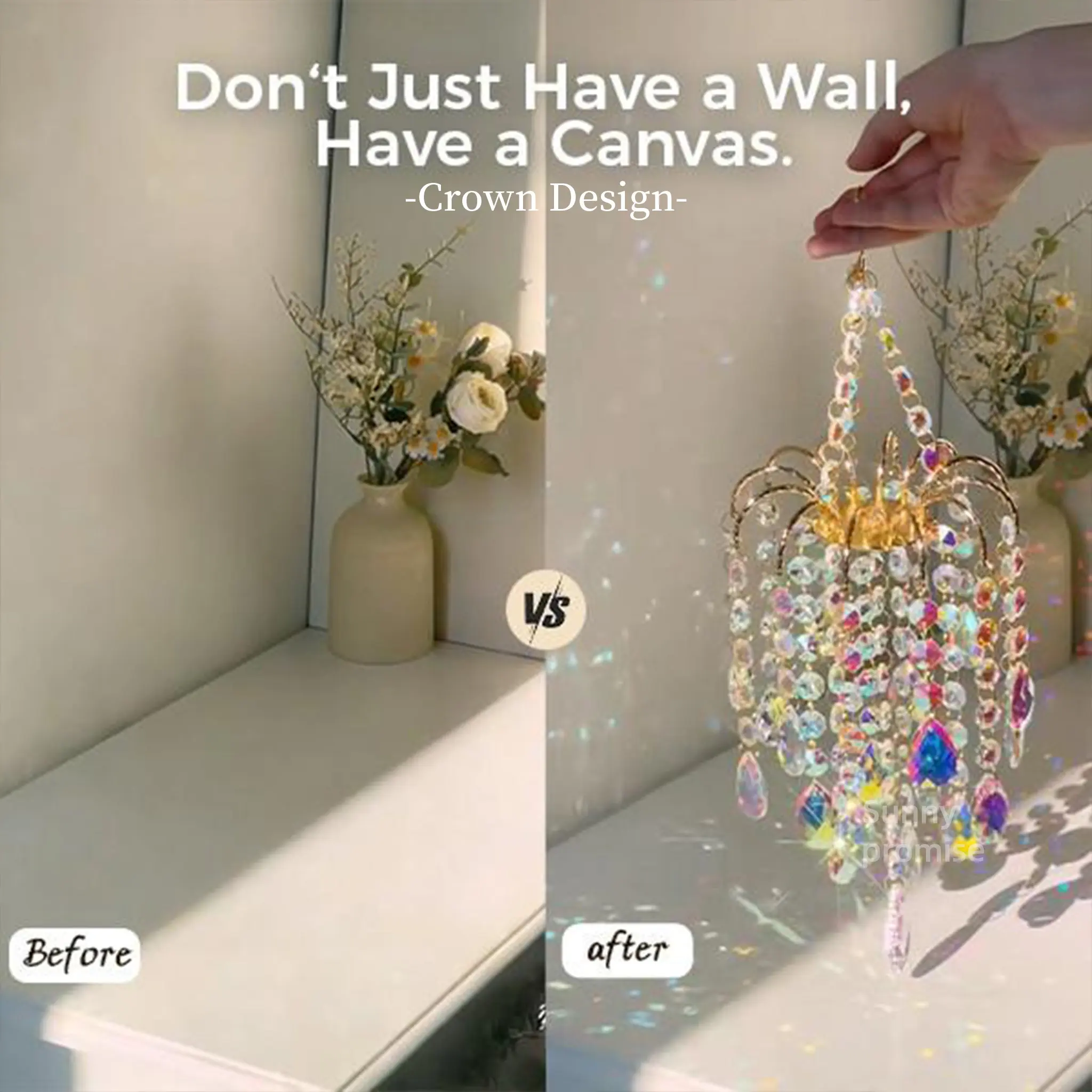 Golden Crown Crystal SunCatcher Rainbow Maker - 16in/42cm Large Wind Chime with Gold-Tone Weather-Resistant Metal Frame, Hand-Tuned Assembly, DIY Adjustable Aurora Prism, S-Hook; Whimsical Unique Room House Decor for French Doors, Window Garden