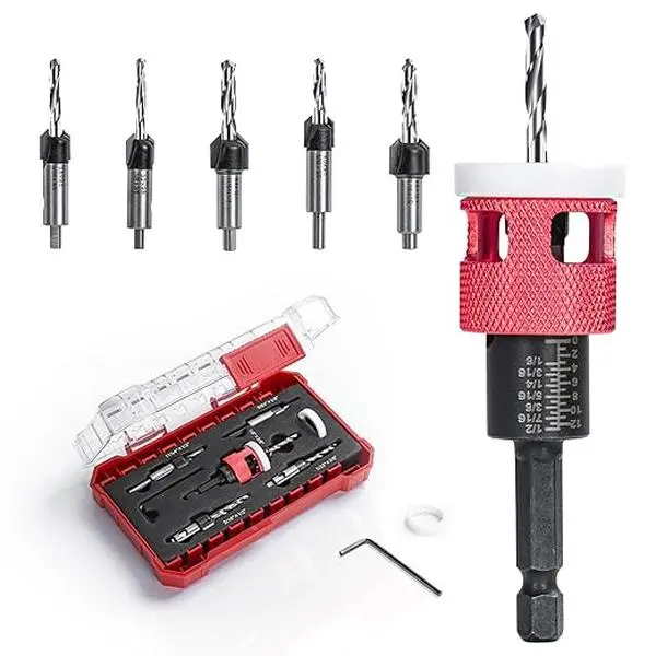 5 Pcs Countersink Drill Bit Set with Low Friction Depth Stop, HSS M2 Bits Tapered Head1/8 9/64" 5/32" Drill+3/8” 82° Counter-Bore,11/64" 3/16" Drill+ 1/2" 82° Counter Bore,1/4” Hex Shank(Red) tool upgrade pipe thread summervibes