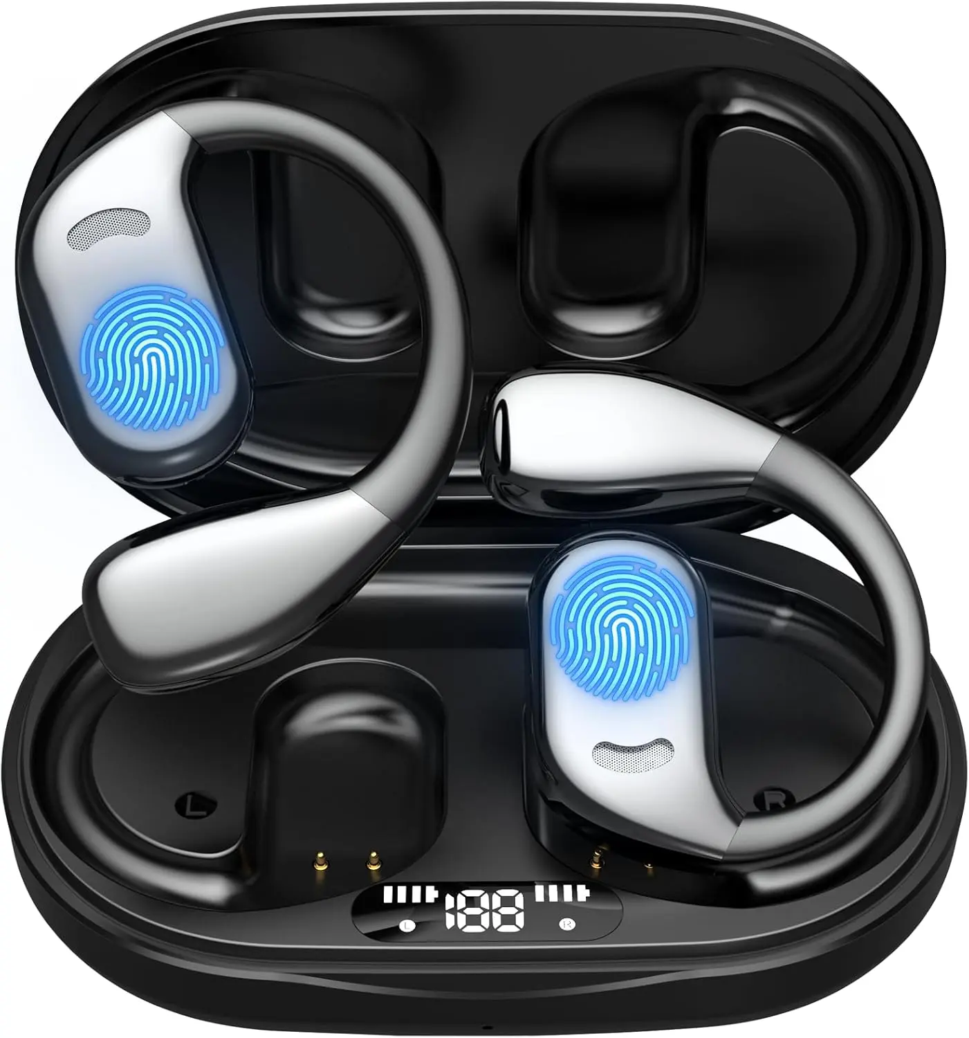 Open-Ear Bluetooth 5.4 Wireless Headphones with Digital Audio, 60H Playtime, Directional Sound, 1.5-Hour Type-C Fast Charge, Batteries, LED Display, Call Mic, IPX5 Waterproof, Secure Fit Sports Design, Soft Silicone Earbuds