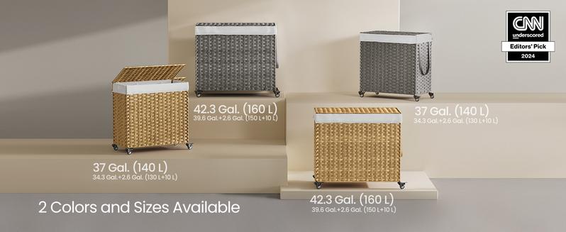 SONGMICS Laundry Hamper with Lid,  Large Capacity, Rolling Laundry Basket with Wheels, 3-Section Synthetic Rattan, Removable Liner