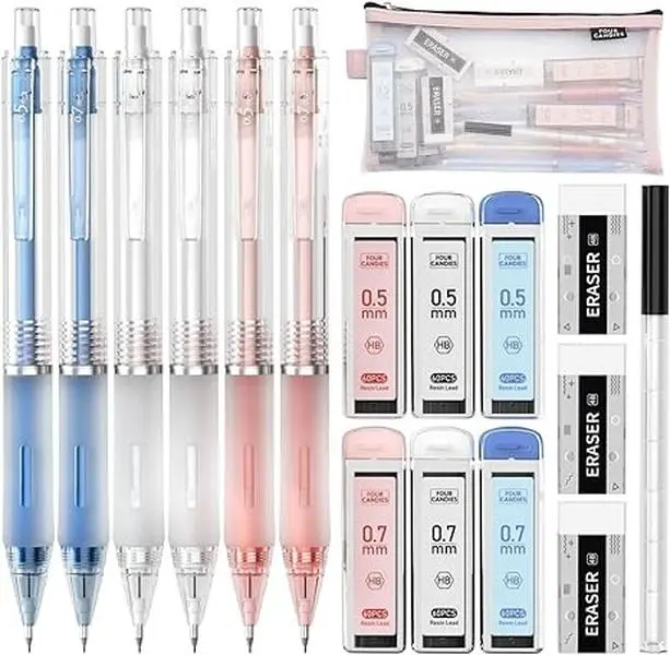 Four Candies Mechanical Pencil Set with Case, 6PCS Aesthetic Mechanical Pencils 0.5 & 0.7mm with 360PCS HB Lead Refills, 3PCS Erasers, 9PCS Eraser Refills for writing, drawing and sketching, Suitable for School and Office Use.