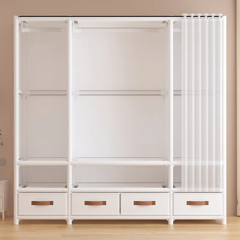 56 inches Large White Japanese-Style Armoire Closet Organizer - Single Unit Freestanding Portable Space Saving Wardrobe, 3 Hanging Rods, 4 Drawers, 6 Shelves, Heavy Duty Organization Cabinet, Non-Woven Fabric Closet Storage System for Bedroom, Entryway, 5