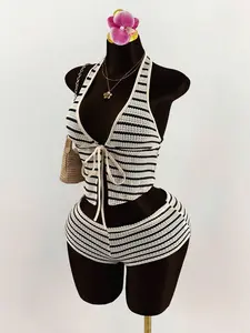 Swim Vcay  Boho Vacation Summer Outfits For Women Vacation Outfits  2pcs Set Plunging Neck Tie Front Very Low Waist Striped Mini Shorts Island Vacation Outfits