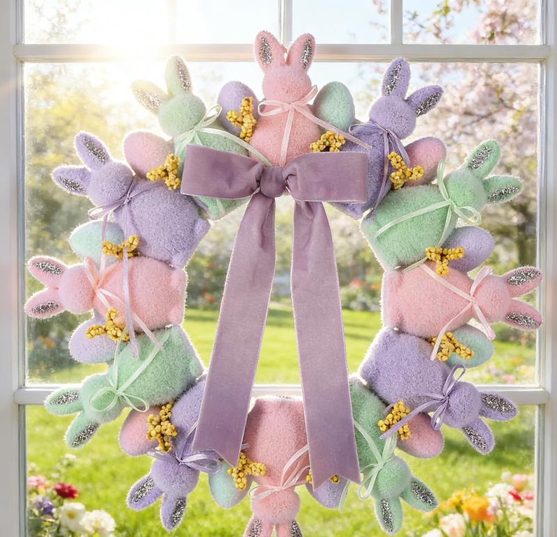 Easter Decorations Easter Flocked Bunny Wreath with Colorful Easter Eggs & Bows Rustic Spring Hanger Wall Wreath Decor for Front Doors Home Farmhouse Porch Wall Indoor Outdoor Window Bunny Decorations Party Backdrop Door Wreath