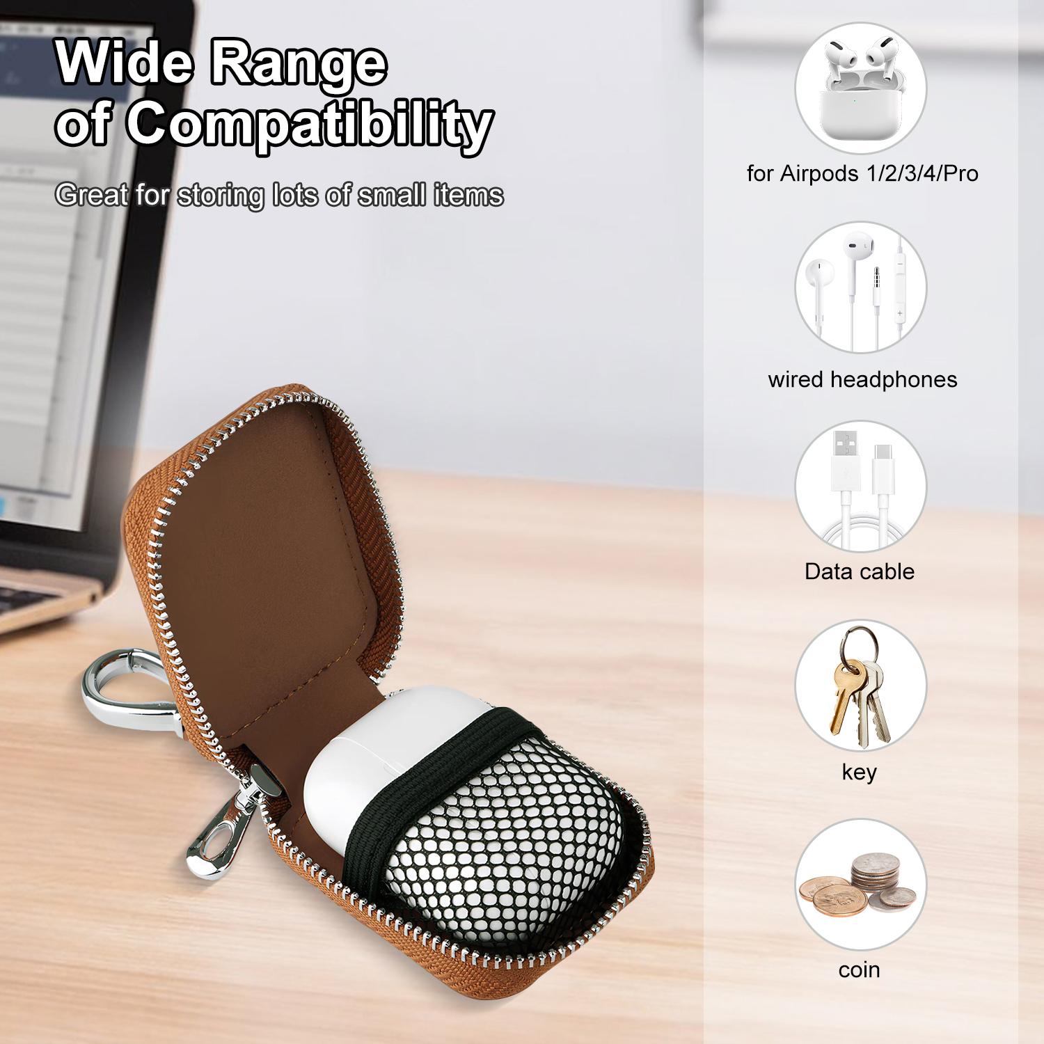 Universal Leather Earphone Bag for Airpods Pro 4/3/2/1, Zipper Key Wallet with Keychain, PU Leather Earbud Case, Dustproof & Anti-scrach Travel Wireless Earbuds Bag, Portable Headphone Case for Men & Women