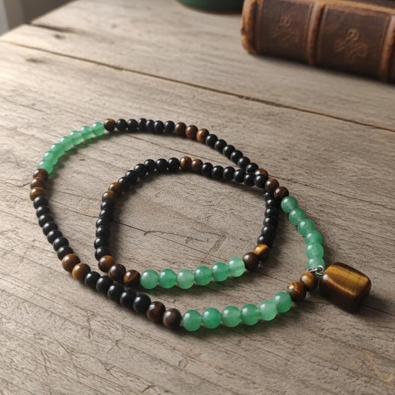 Green Aventurine & Tiger Eye Money Attraction Necklace, Natural Healing Crystal Pendant for Wealth & Prosperity, Long Chain Sweater Necklace, Ideal Gift Jewelry for Men and Women, Jewelry Charms for Anniversary, Vacation &Theme Parties