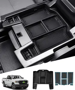 Canvcle Center Console Organizer for 2019-2024 2025 Dodge RAM 1500 2500 3500 Accessories Armrest Storage Box Secondary Insert Tray with 2 Color Mats (Full Console w/Bucket Seats ONLY)