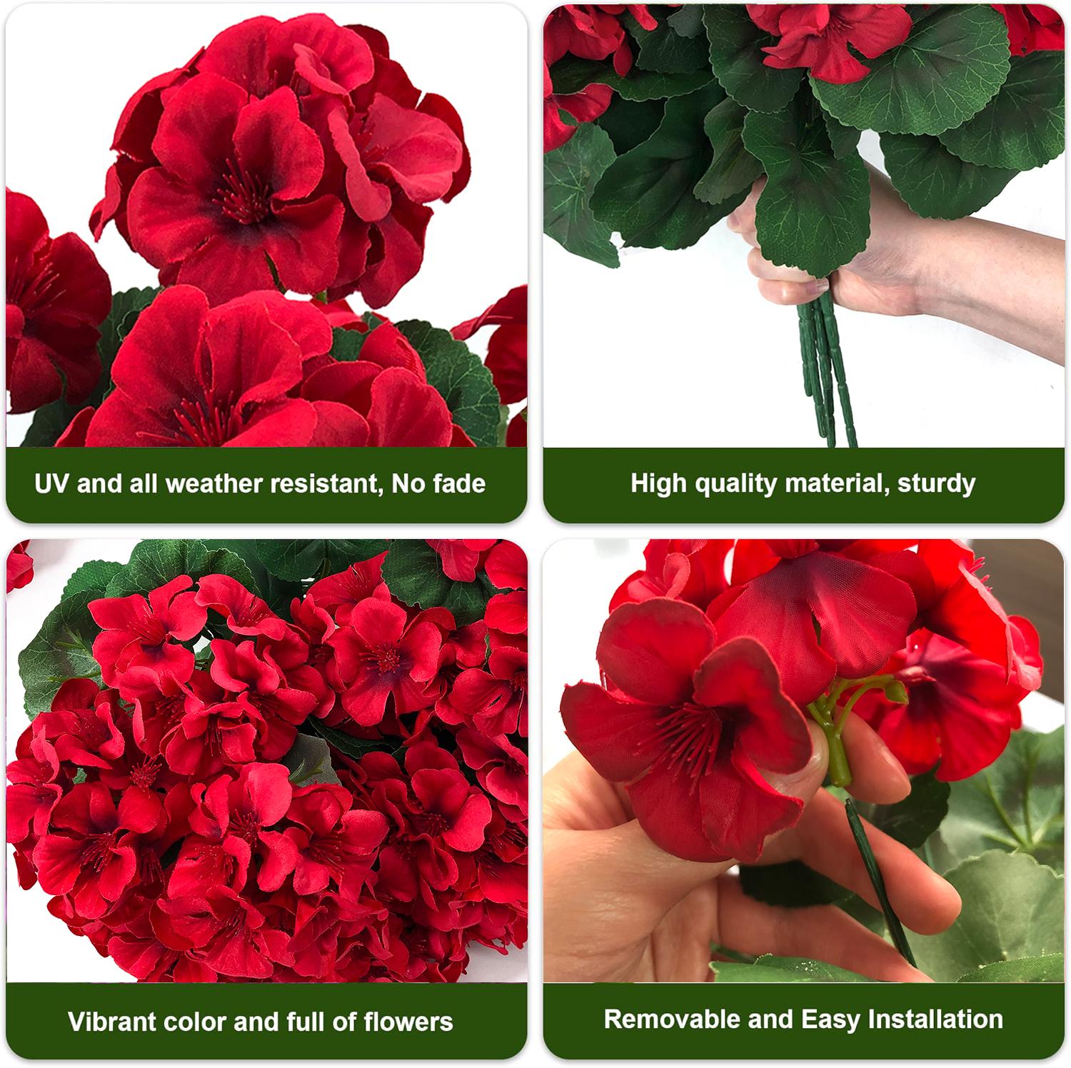 8 Bundles Artificial Geranium Flowers For Outdoors Geranium Flowers Outdoor Red Artificial Flowers UV Resistant Garden Plants Faux Flowers For Home Kitchen Table Centerpieces Patio Decor