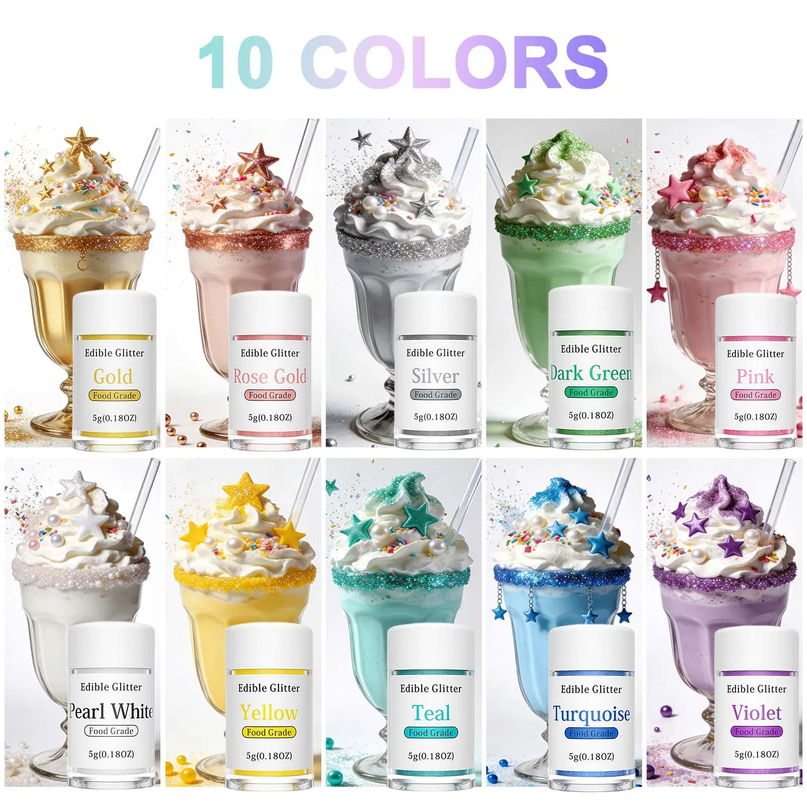 Edible Glitter Set 10×5g/Bottle Food Grade for Drinks, Wine,Cakes, ChocolateCoveredStrawberries,&Childrens' day, Christmas ,Birthday ,Holiday Decor Gift Food-Grade Certified Cupcake Brownies Decoration Buttercream Creamy Baked