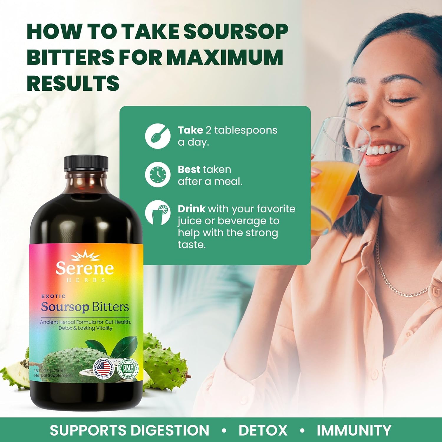 Soursop Bitters Liquid – Organic Herbal Detox with Black Seed, Moringa & Ginger by Serene Herbs – Supports Digestive Wellness & Immune Function – 16 fl oz​