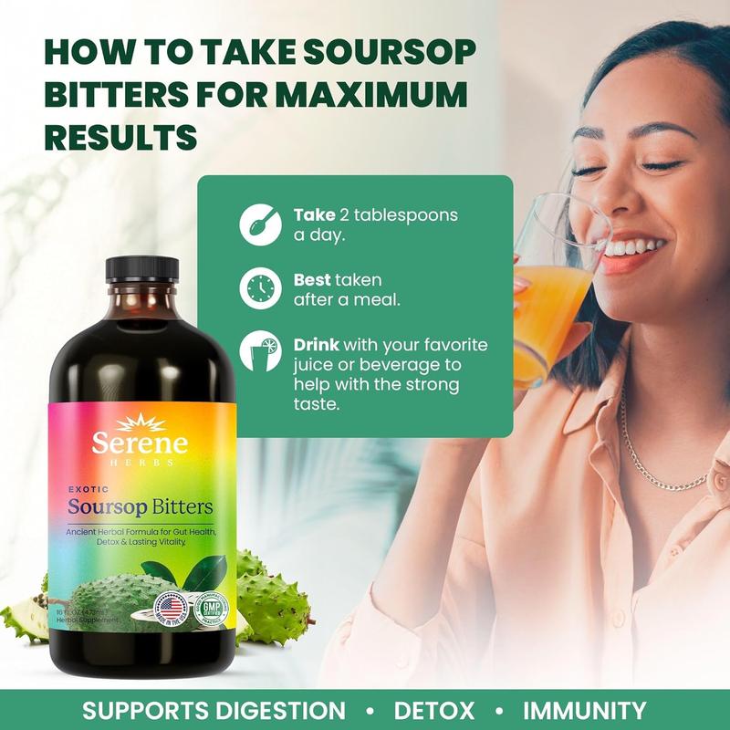 Soursop Bitters Liquid – Organic Herbal Detox with Black Seed, Moringa & Ginger by Serene Herbs – Supports Digestive Wellness & Immune Function – 16 fl oz​