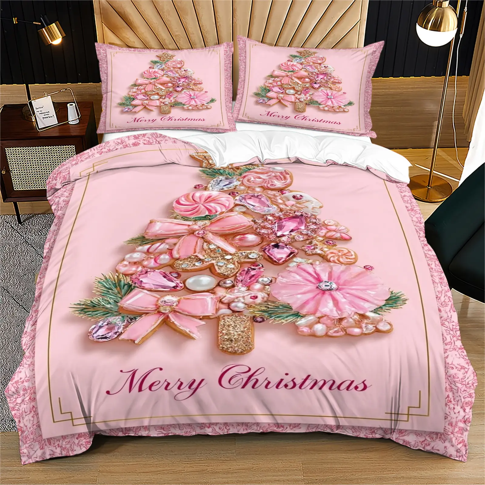 Pink Christmas tree gingerbread jewelry pattern, soft bed cover set, including 1 cover and 1 or 2 pillowcases, without cotton core, suitable as a Christmas gift