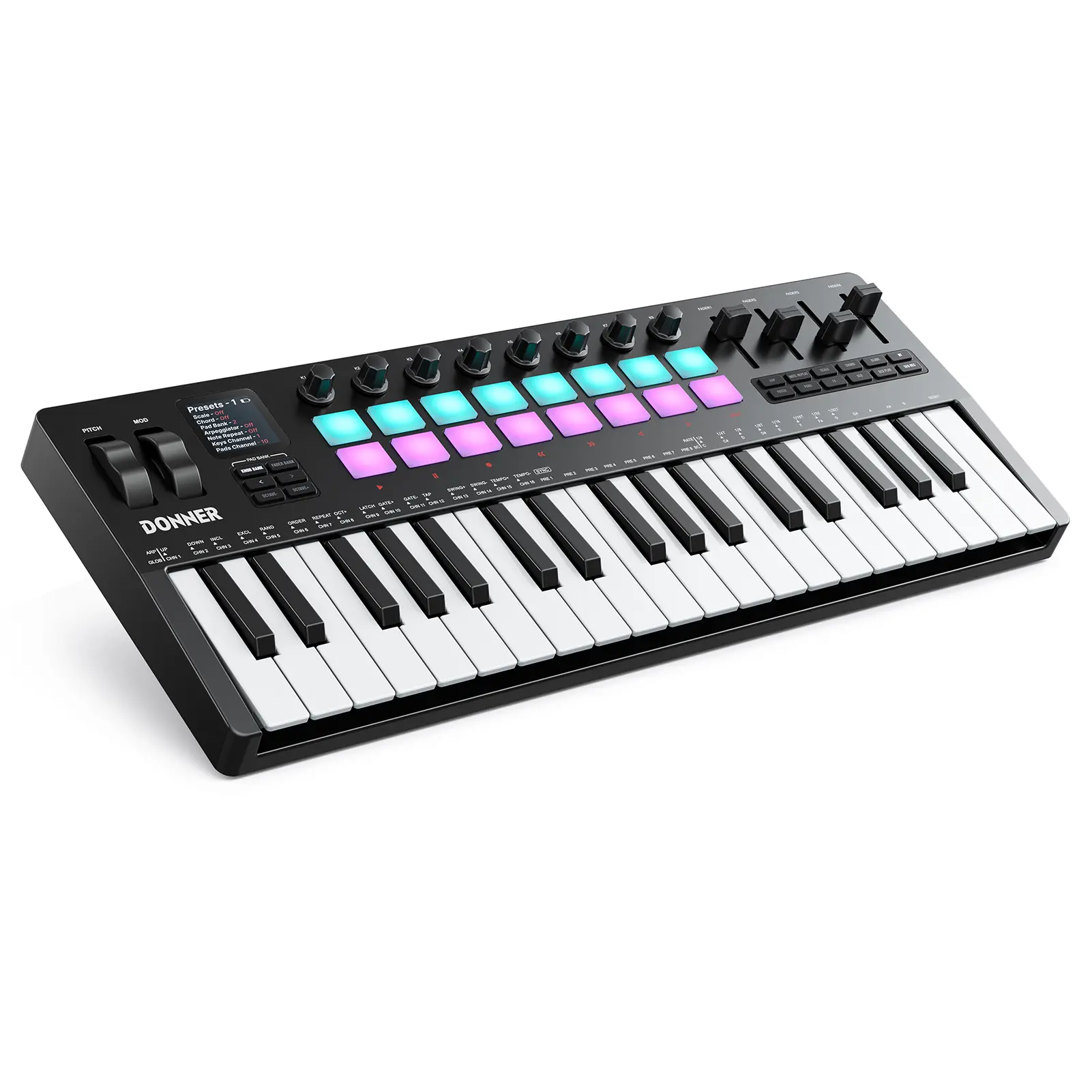 Donner STARRYKEY-37 PLAY Multifunction Synthesizer MIDI Controller, 37-Key Portable Digital Interactive Keyboard for Music Creation, 128 Voices, 16 RGB Pads, USB Wireless, 7 Arpeggio Modes, 4 DAW Software, 40 Courses, With Batteries, Arranger Keyboard, Po