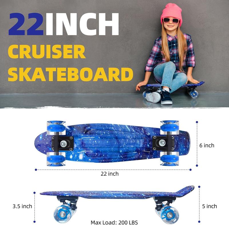 Nattork Skateboards 22 Inch Mini Cruiser Skateboard Complete Retro Skate Boards with Colorful Light Up Wheels for Kids Girls Boys Beginners Beginner's Maple Skateboard