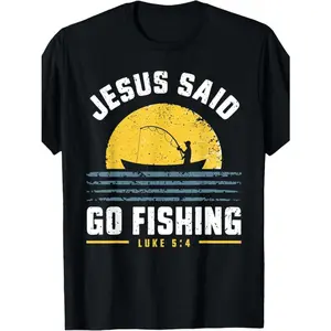 Men's "Jesus Said Go Fishing" Luke 5:4-7 T-Shirt - Vintage Style, 100% Cotton, Crew Neck, Short Sleeve, Christian Fisherman's Faith Graphic Tee, All-Season Casual Wear for Adults, Sporty Clothing | Crew Neck Tee | Nontransparent Material, Fishing Shirt