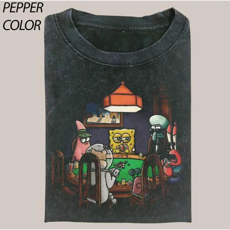 Vintage SpongeBob playing poker CrewNeck T-shirt, Funny Poker Graphic Tee Gift For Boyfriend Menswear Top Streetwear