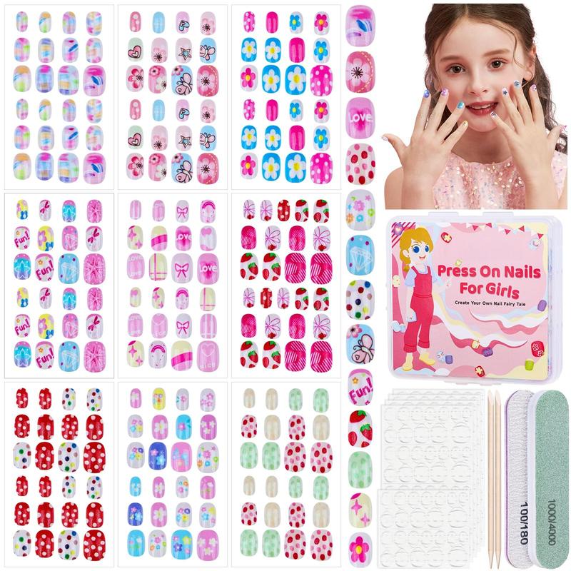 216pcs Press on Nails for Girls, 9 Colors 10 Sizes Press On Nails for Kids Fake Nails Little Girl Nails, Short Acrylic Nails with Nail Adhesive Tabs, Nail File Buffer