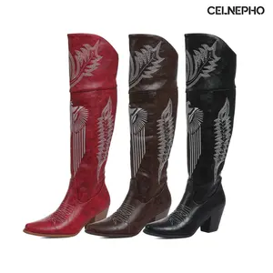 CELNEPHO Women Cowboy Boots Pointed Toe Chunky Block Heel Embroidered Boot Side Zipper Closure Over the Knee Western Booties Spring Party Wear Country Wedding Dress Shoes