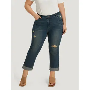 BLOOMCHIC Plus Size Solid Ripped Roll Hem Pocket Straight Leg Jeans [M-6X] 2026 Summer Vibes Swimweek