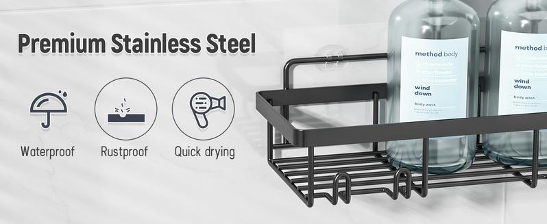 Caddy Shower Storage 5-Piece Set Self-Adhesive Stainless Steel Shelf No Drilling Required Rust-Resistant Bathroom Decor Accessories Pink Shampoo Body Wash Basket Showerhead Holder Installation Minimalist Hollow