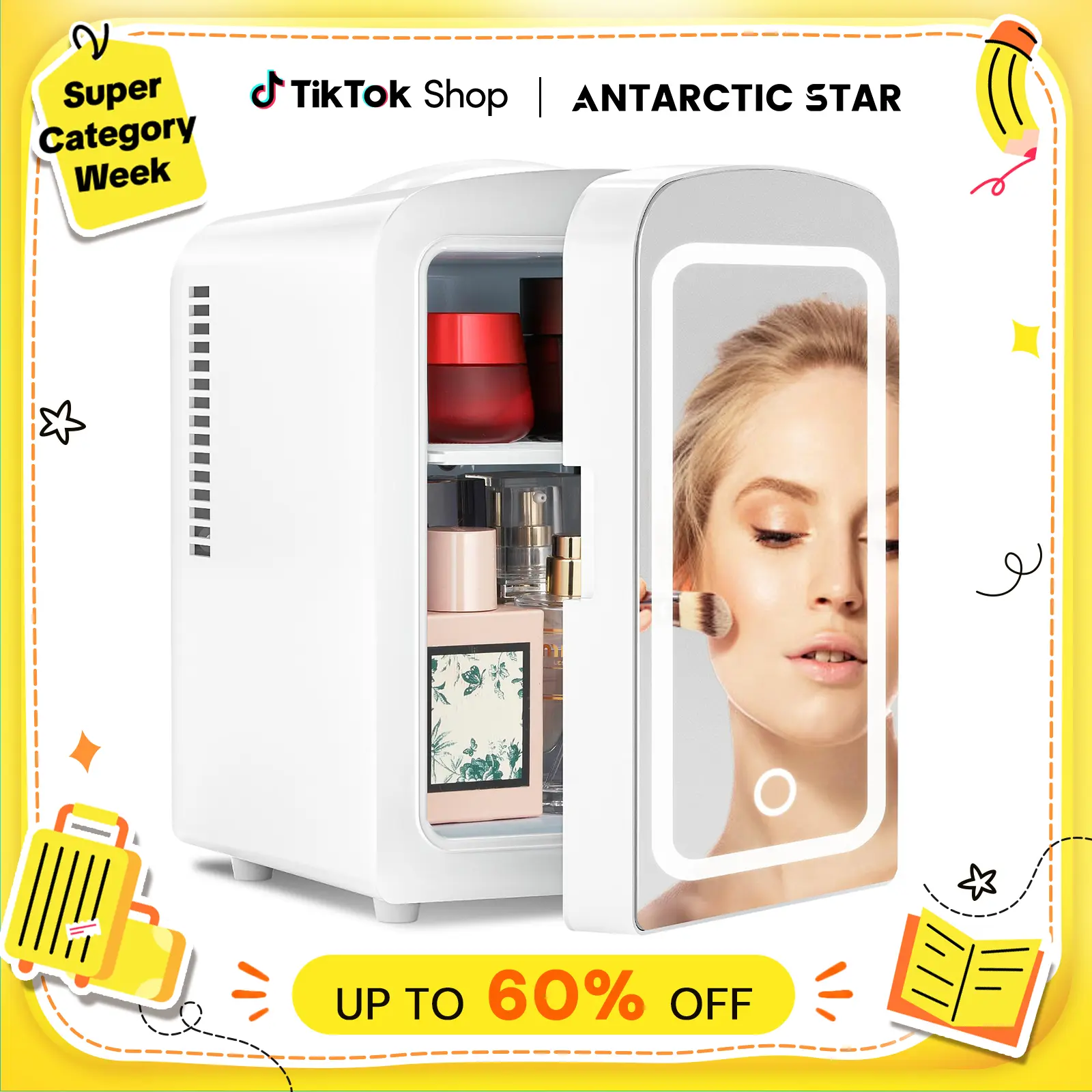 【BackToSchool】Antarctic Star Mini Refrigerator - 4L/12oz Mini Refrigerators with Adjustable-Brightness LED Cooling Mirror, 9.65"d Saves Desk Space, Fluorine-Free Eco-Friendly for Small Spaces, Bedroom to Dorm Ready,back to school,back to school haul
