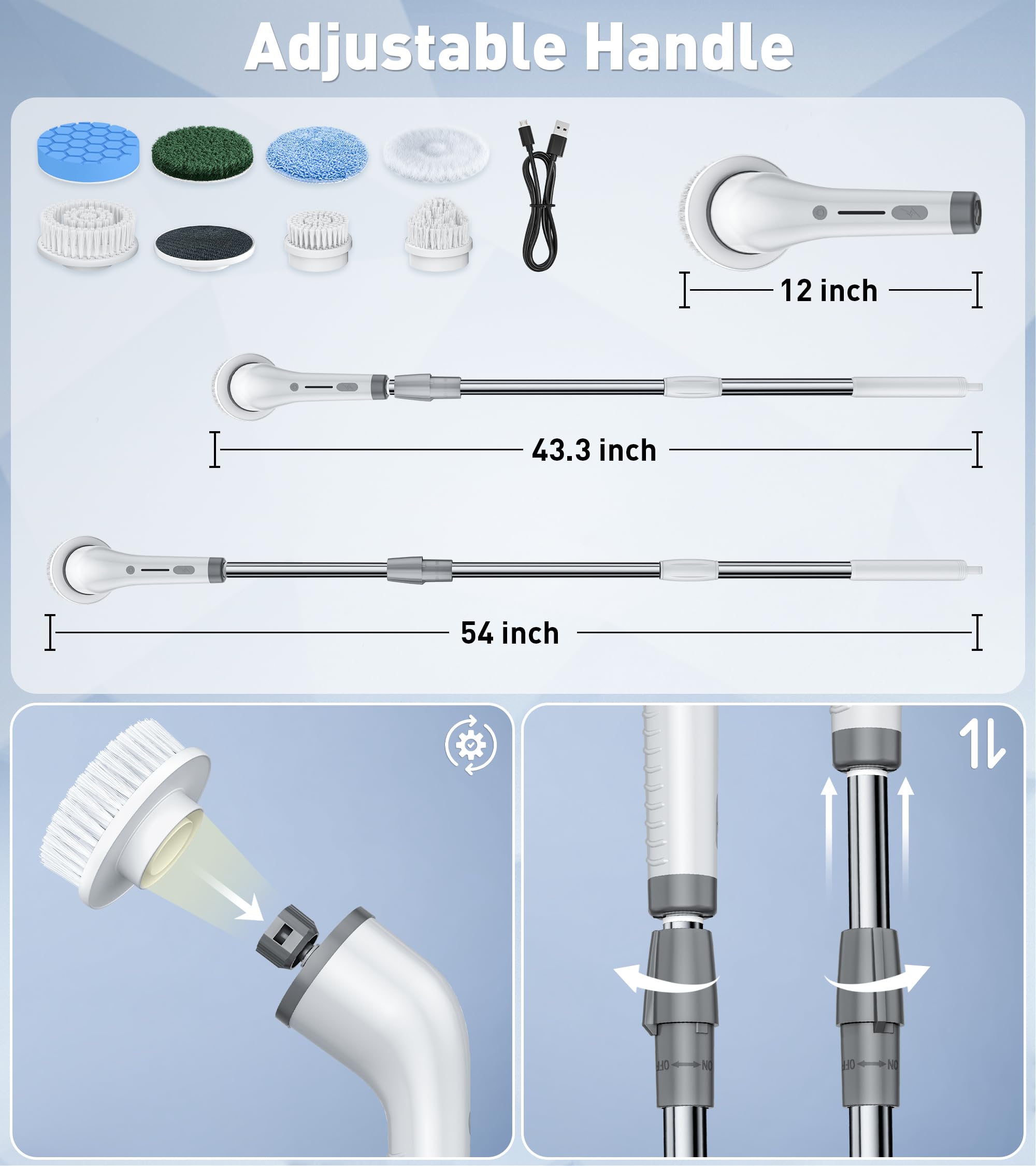 Electric Spin Scrubber Upgraded Cordless Shower Spin Scrubber Kit with 8 Replaceable Brush Heads 3 Adjustable Extension Handle Dual-Speed IPX7 Waterproof LED for Bathroom Kitchen Toilet Window Pool Car 2026 Spring Glow Up Multi-purpose Cleaning Kit