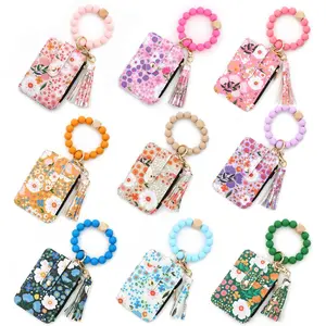 Women Boho Style Beaded & Tassel Decorated  with Flower Pattern Wallet Boho Wristlet  Wallet Silicone Beaded Tassel  Wallets trendy keychain purse accessories
